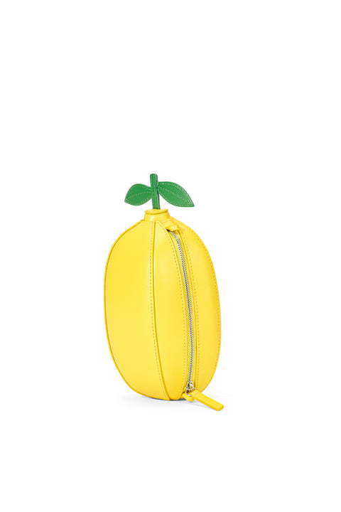Yellow lemon-shaped pouch with a green leaf on a white background