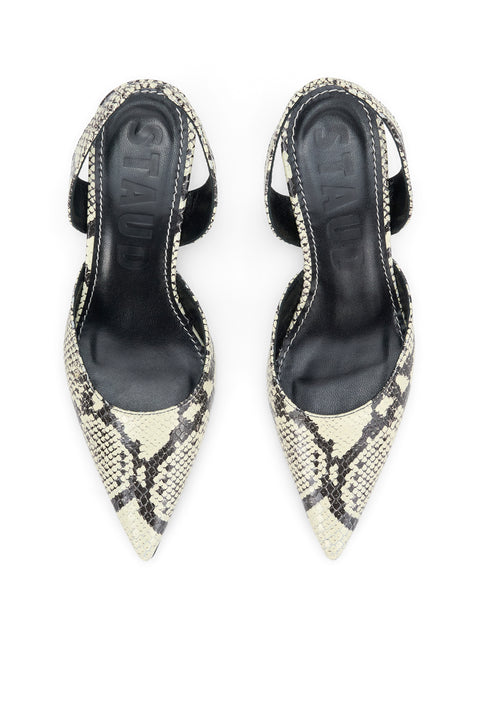 Aerial shot of a pair of a white snake print slingback kitten heel. 