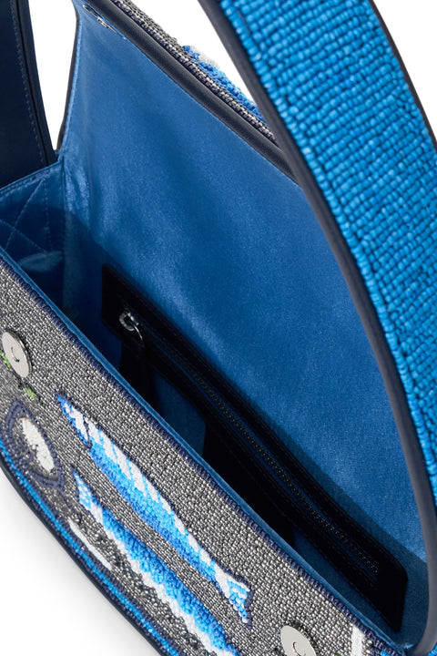 Blue bag with a strap and interior view on a white background