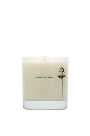 A Maison Louis Marie scented candle in a clear glass jar with cream-colored wax, featuring a minimalist black floral illustration and brand name on the front, set against a plain white background.