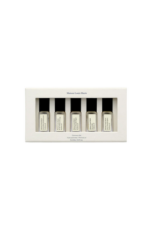 A white rectangular box of a five-scent perfume oil discovery set from Maison Louis Marie.