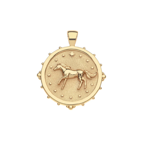 Gold pendant with a horse design on a white background
