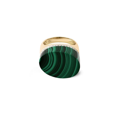 Top view of a gold ring with a green malachite stone on top and a band of white diamonds. 