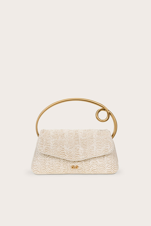 An off-white handbag constructed from a textured wave material with gold-toned hardware, including a rounded handle with a loop. 