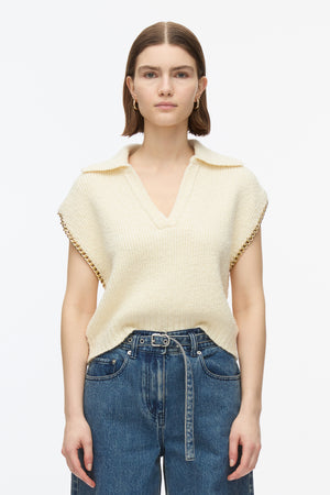 Boucle Cropped Polo with Chain Trim