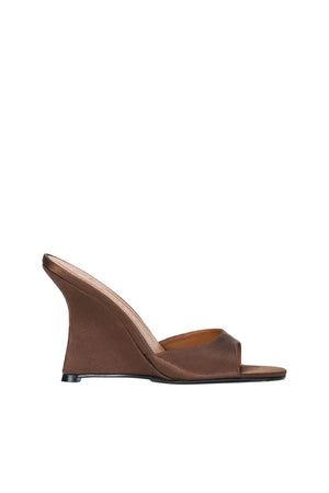 Brown wedge satin sandal on a white background