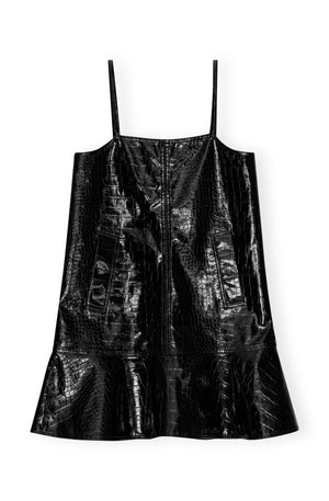 Black faux croc leather mini dress with flared skirt.