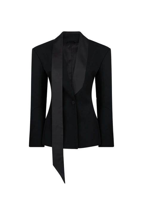 Black blazer with a satin lapel on a light gray background