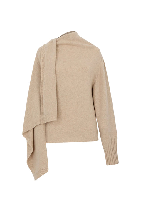 Beige sweater with a draped design on a white background