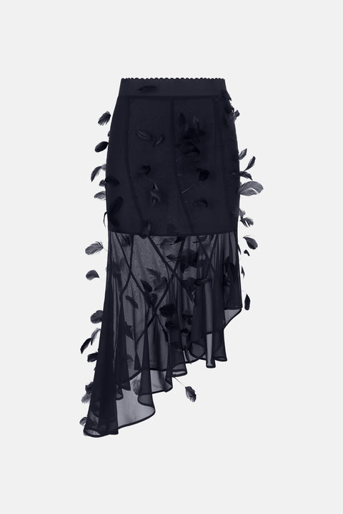 Black skirt with feather embellishments on a white background