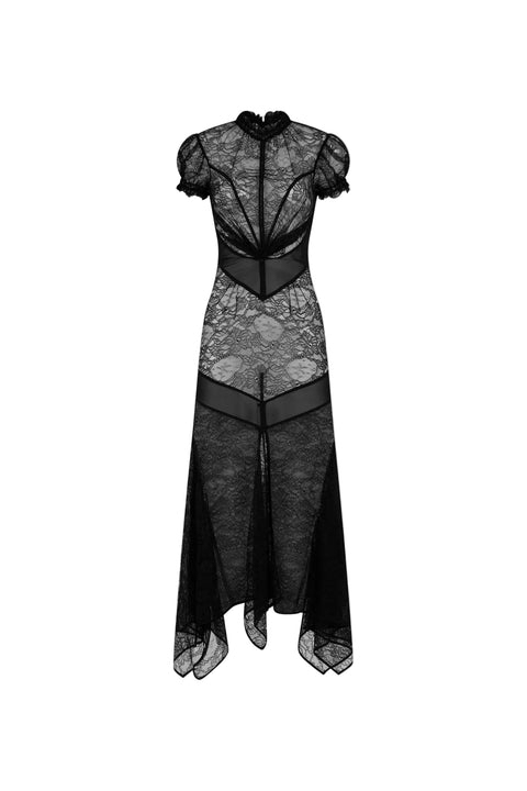 Black lace maxi dress with high neck and short puff sleeves on a white background