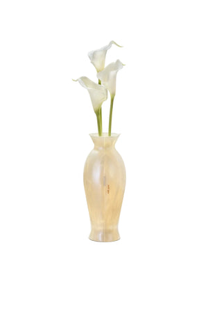 Pearlescent vase clutch with white flowers on a white background