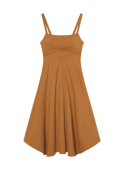 Mustard brown midi dress with thin straps on a white background