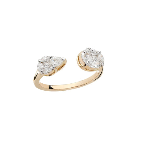 Ghost image of the illusion due stone ring in yellow gold with diamonds.