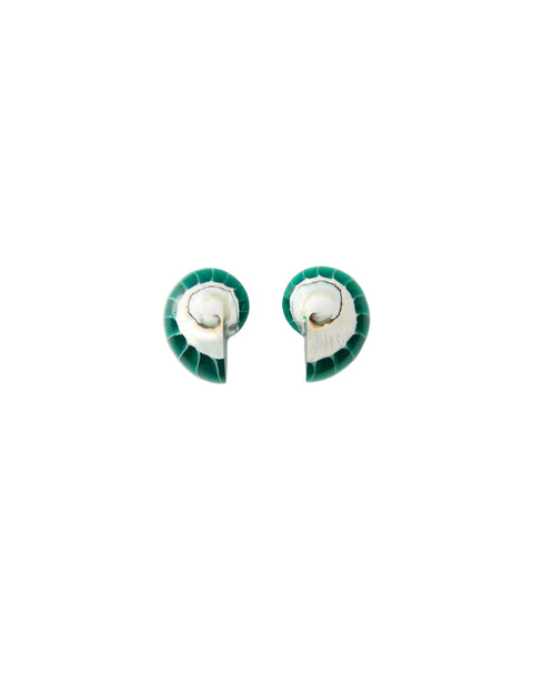 Pair of shell earrings with green and silver design on a white background