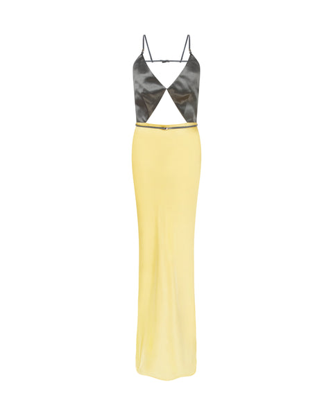 Gunmetal and yellow cut out maxi dress on a white background