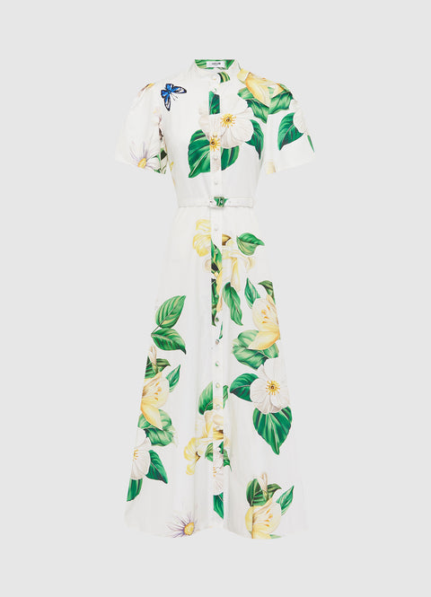 White with daisy and camellias printed on with belt at the waist.