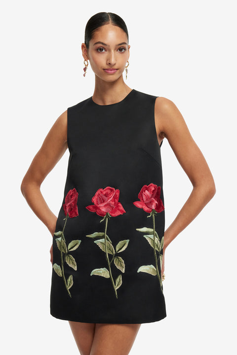 Close up of woman posing in a mini black dress with red rose embroidery on a white background