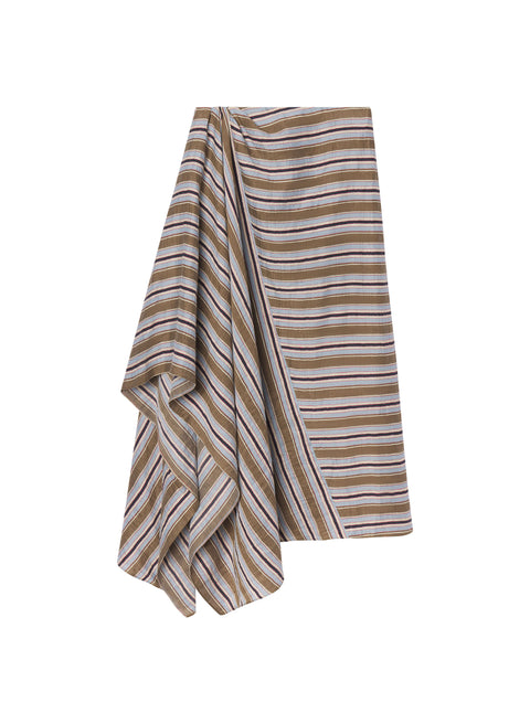 Striped fabric midi skirt with brown and beige pattern on a white background