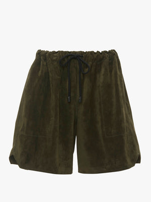 Dark green suede drawstring shorts.