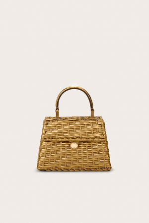 A trapezoidal structured woven mini bag that features a gold-toned, metallic finish, with a top handle and gold-toned hardware. 