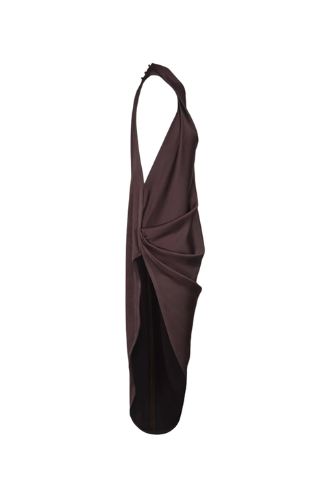 A dark brown halter-neck wrap top with a twisted front detail, shown from the side against a plain white background.