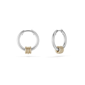 Ghost image of a pair of Spinelli Kilcollin sterling silver mini hoop earrings that feature three 18k yellow gold annulets. 