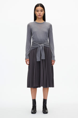 LS Tie-Waist Dress W/ Pleated Skirt