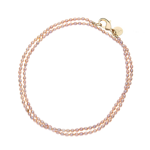 Pink pearl double wrapped necklace with gold clasp and JW tiny coin.