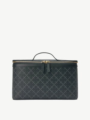 Black leather patterned beauty case bag with top handle.