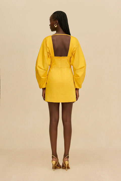 Back-facing shot of woman wearing a yellow dress with a cinched ring under the bust against a beige background