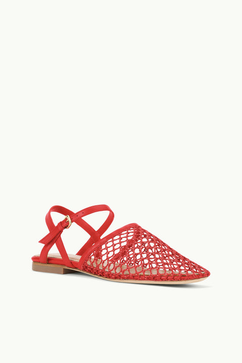 Front profile of a red, closed-toe, mesh flat sandal that features criss-cross ankle straps.