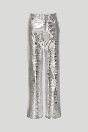 Ghost image of the croc effect silver pants in faux leather.