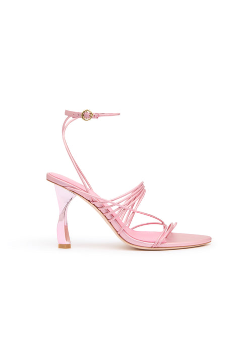 Metallic pink strappy heels with twisted heel.