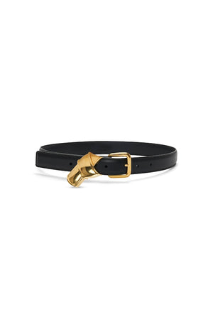 Black leather belt with gold knot belt loop.