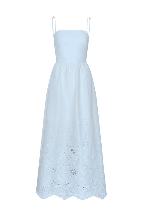 Light blue maxi dress with lace details on a white background.