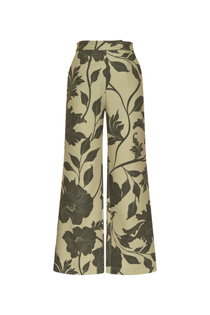 Flat lay of green floral wide leg pant on a white background