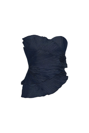Flat lay of navy blue strapless dynamic top with pleated panels on a white background