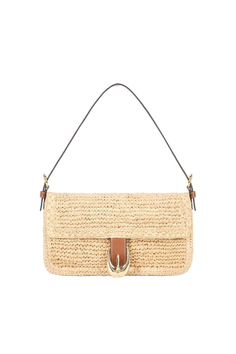 Woven handbag with a strap on a white background