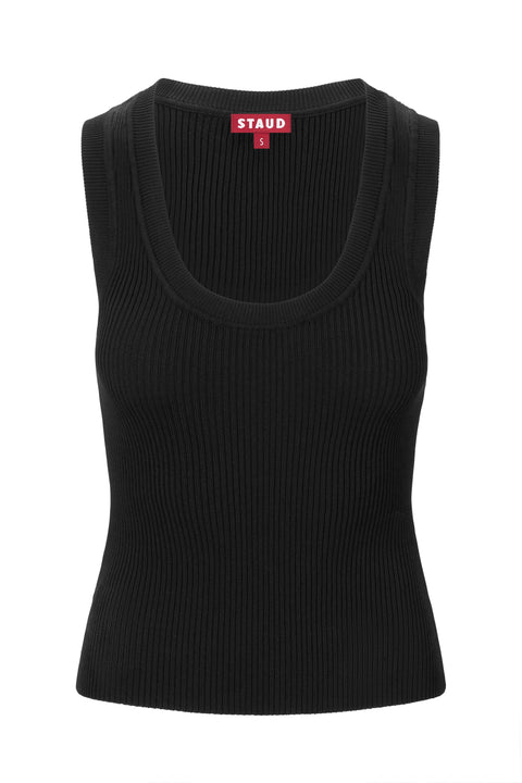 A black, knit, scoop-neck tank top. 