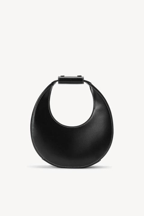 A small, black leather, moon shaped handbag. 