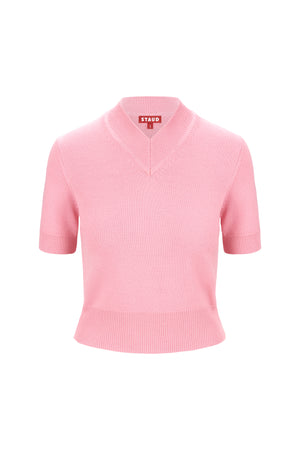 Pink v-neck knit short sleeve sweater.