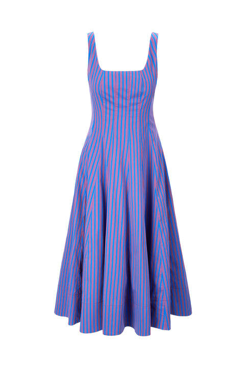 Blue and red striped dress on a white background