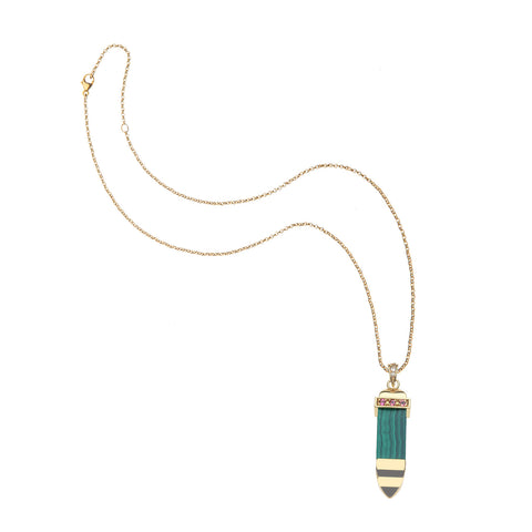 Green malachite sun ray pendant accented by pink topaz stones on a rolo chain. 