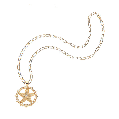 Gold chain necklace with a starfish pendant on a white background.