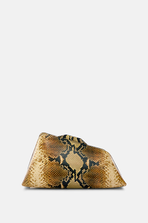 An asymmetrical tan and black, python printed clutch that features a magnetic closure. 
