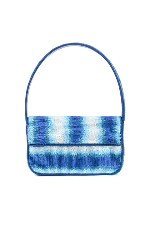 Glass beaded shoulder bag that features blue and white stripes in a subtle wave pattern. 