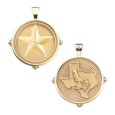 Two gold pendants, one with a star design and the other with a map of Texas, on a white background.