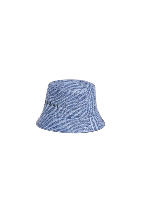 Blue striped raffia like bucket hat on a beige background