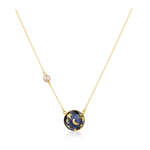 Necklace with a blue pendant and pink bead on a white background
